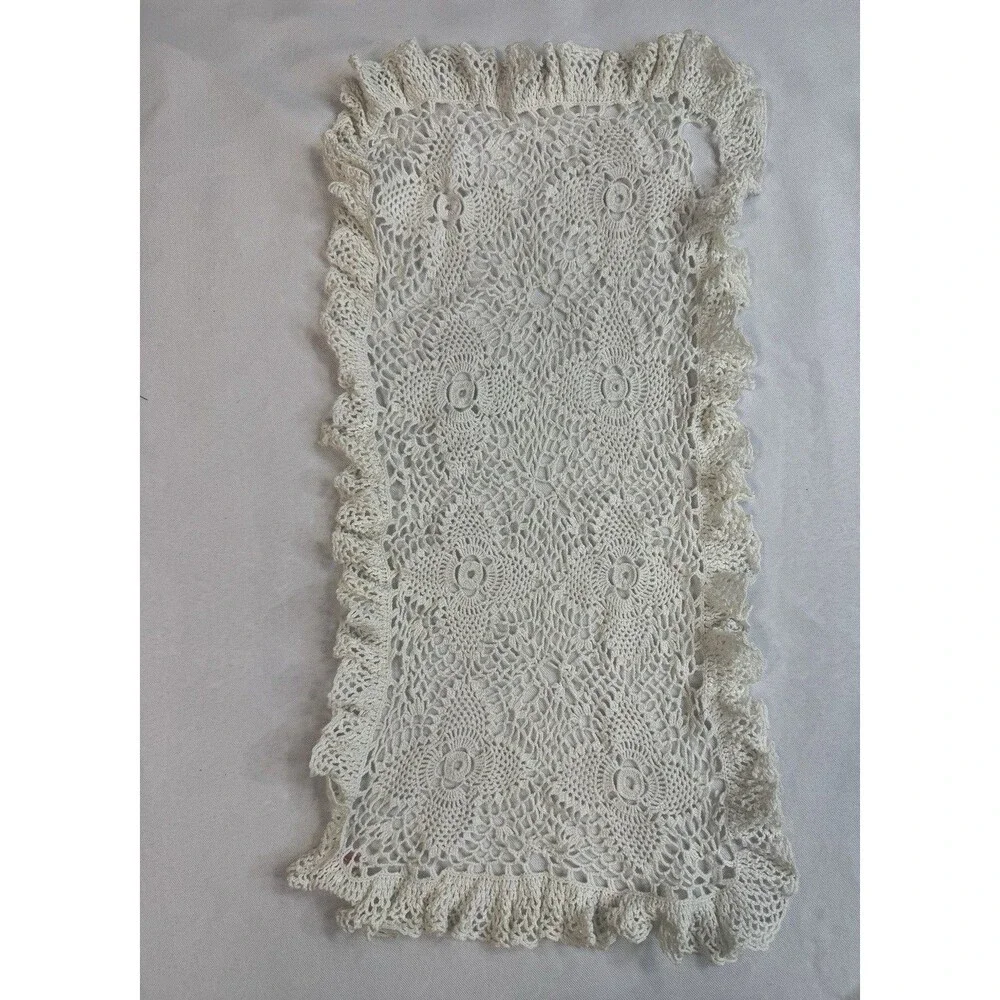 Vintage Handmade White Off White Crocheted Dresser Scarves Doily Ruffled Edge